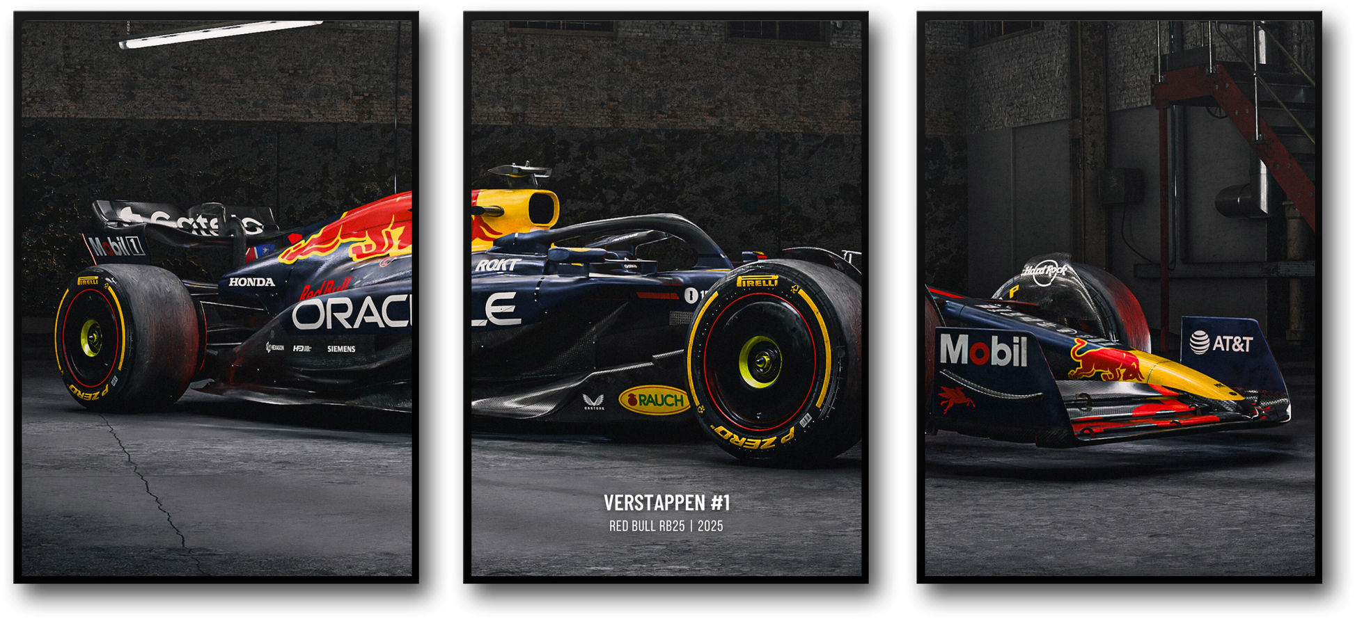 3-delig | Red Bull | F1 | Max Verstappen seizoen 2025 | Driedelige Formule 1-racewagenposter | Levendige displays met volledige autoprofielen | Kunstwerk in collector's edition