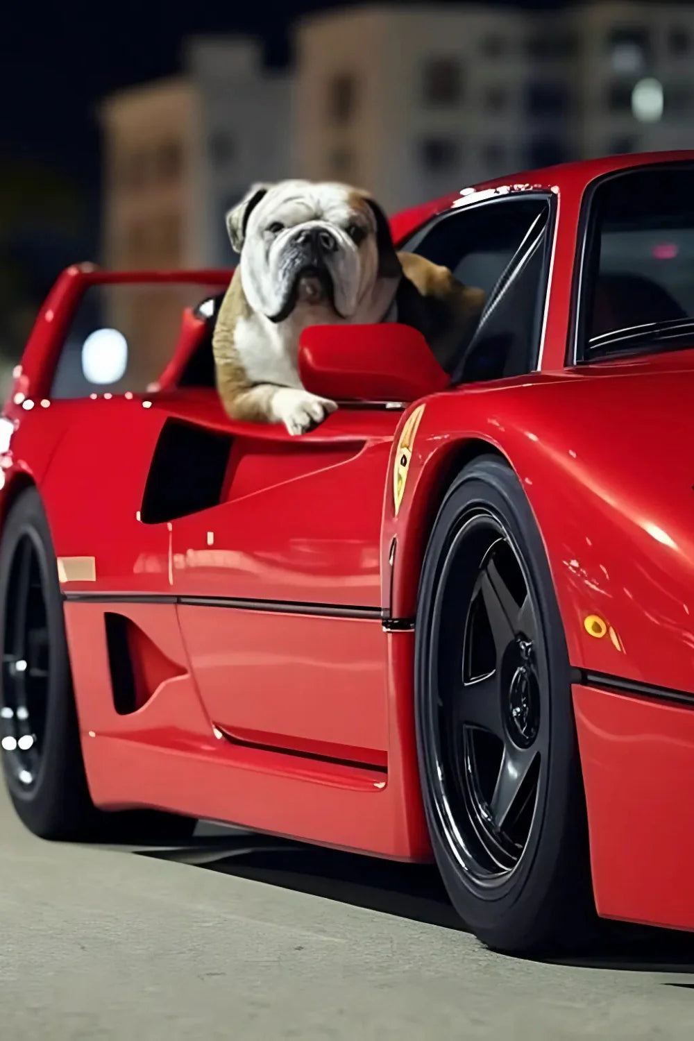 English Bulldog in Ferrari F40 | Muurdecoratie voor autoliefhebbers en hondenfans | Posters | Wanddecoratie