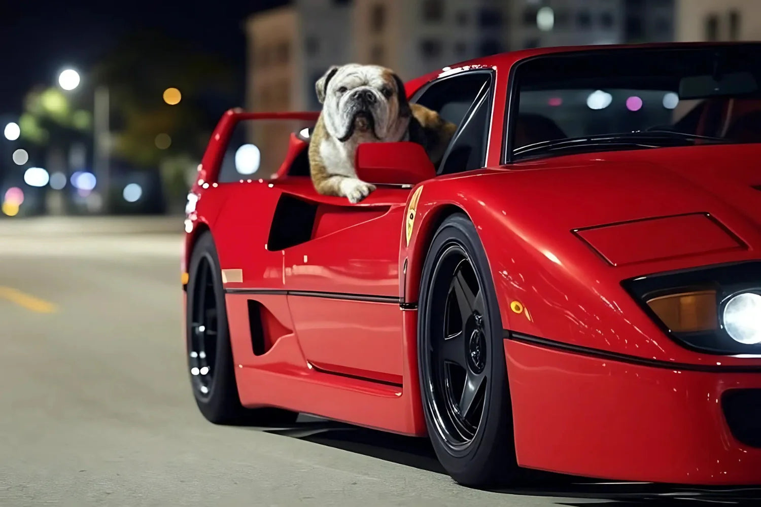 English Bulldog in Ferrari F40 Poster | Muurdecoratie Bulldog | Wanddecoratie voor Classic Car en Huisdieren Liefhebbers
