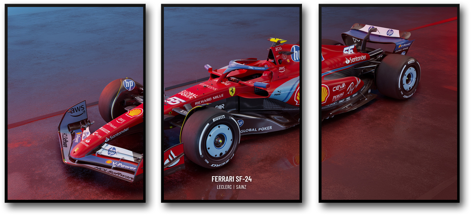 Wanddecoratie in 3 delen | Poster met Ferrari Formule 1-racewagen | Set van drie panelen | Poster van Charles Leclerc | Poster van Lewis Hamilton | Motorsport-woondecoratie