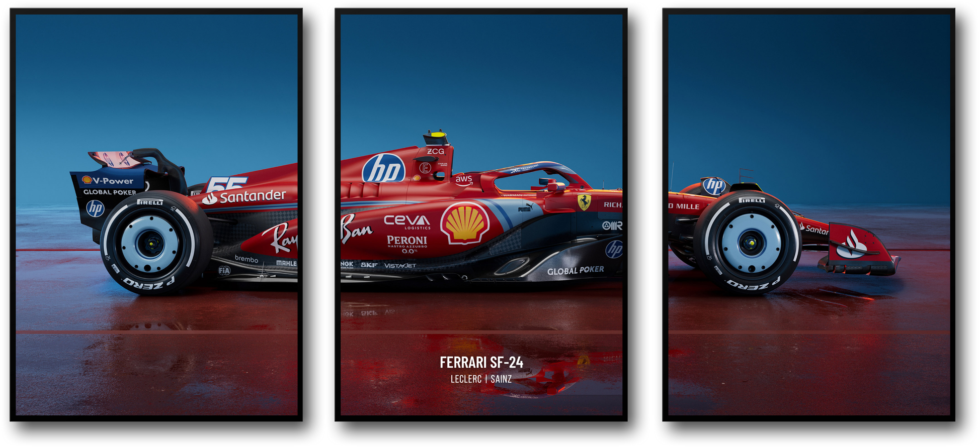 3-delige Formule 1-posterset | Kunstwerken van Ferrari-racewagens | Wandkunstprints | Charles Leclerc-poster | Lewis Hamilton-poster | Woondecoratie | Motorsport