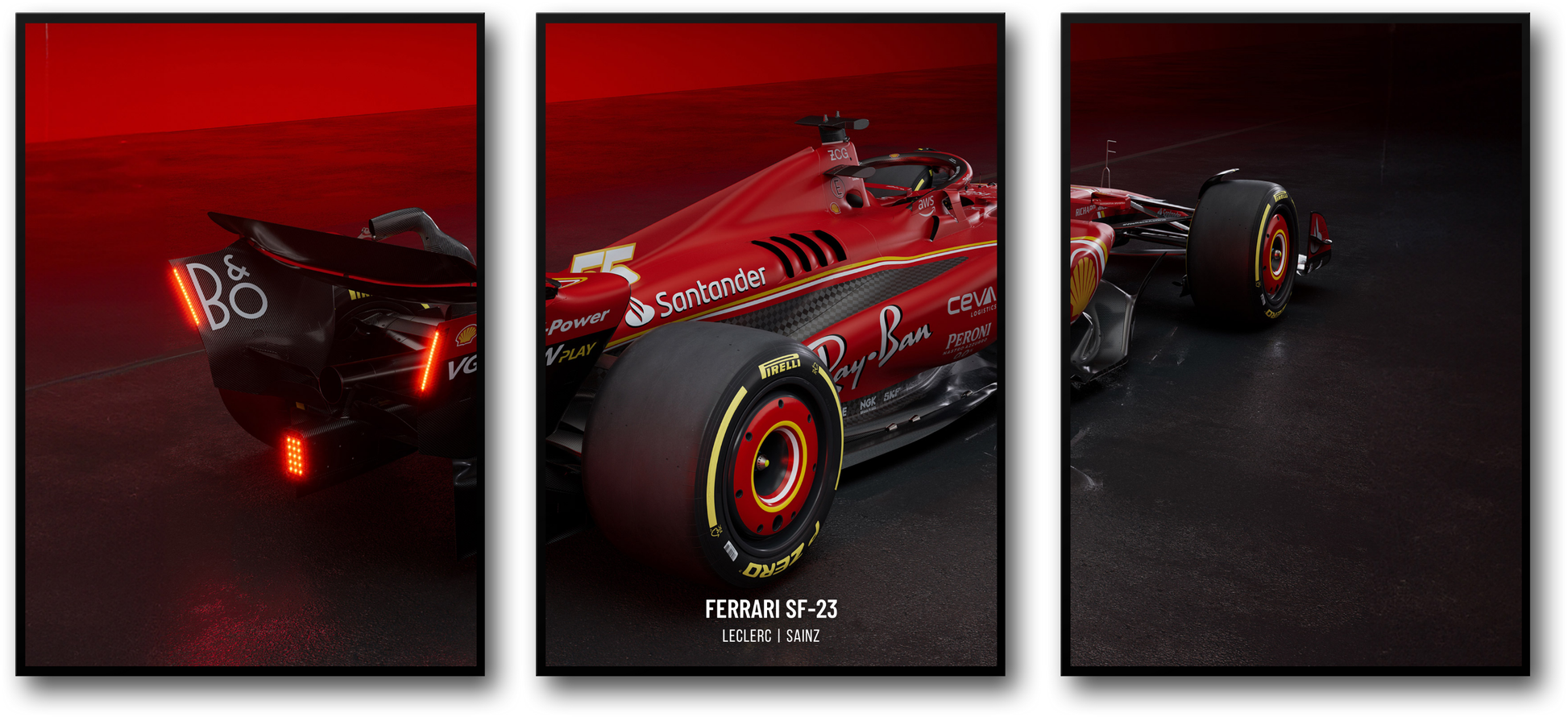 3-delige set | Ferrari F1 | Formule 1 poster | Wanddecoratie met drie panelen | Charles Leclerc-poster | Lewis Hamilton-poster | Formule 1-decoratie