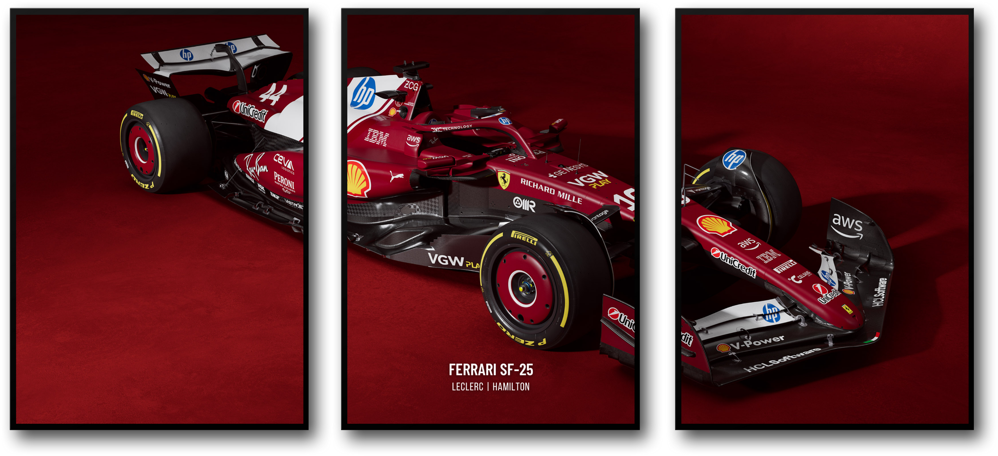 3-delige | Ferrari F1-racewagenposter | Wanddecoratie met drie panelen | Charles Leclerc-poster | Lewis Hamilton-poster | Decoratie geïnspireerd op Formule 1 | Motorsport