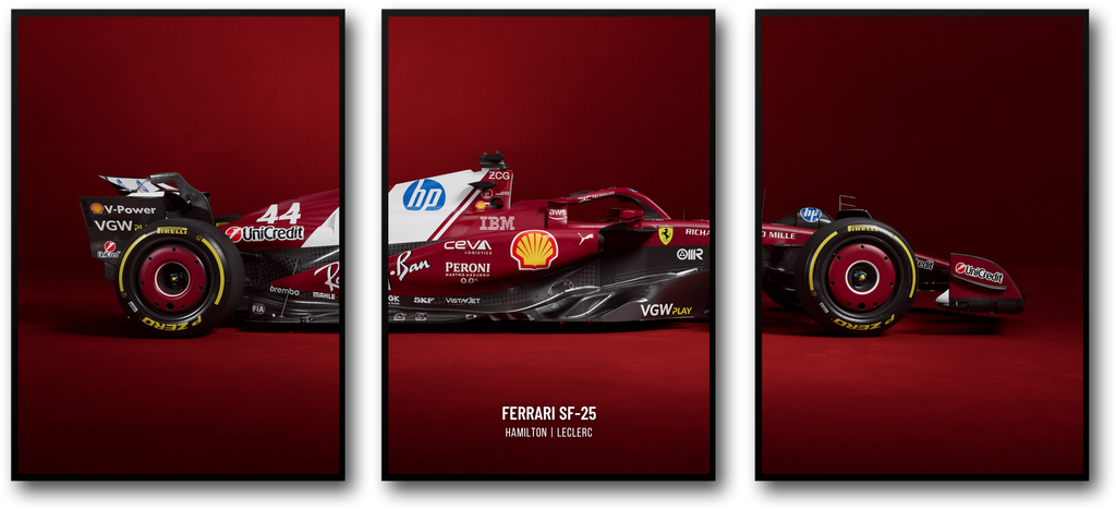 Ferrari F1 Drieluikposter | Kunstwerk van een Formule 1-racewagen | Charles Leclerc-poster | Lewis Hamilton-poster | Wanddecoratie | Motorsportposterset