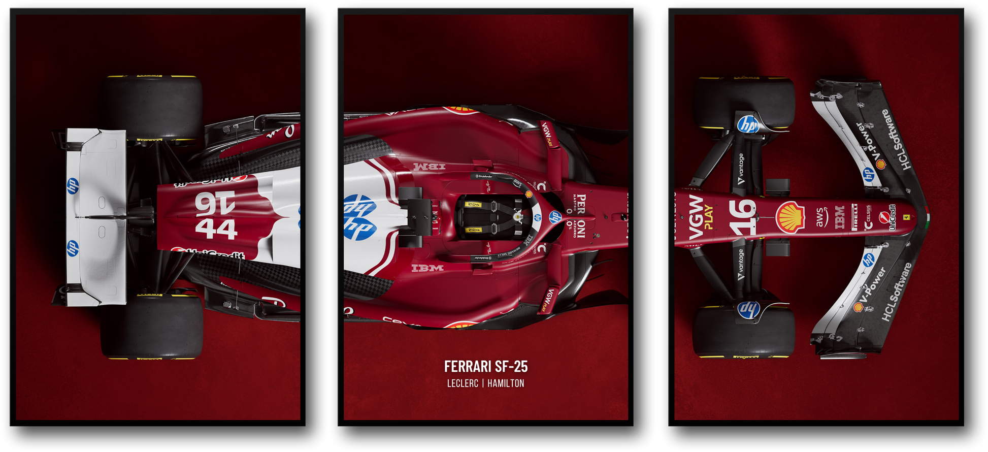 Ferrari F1 Drieluikposter | Formule 1-racekunst met meerdere panelen | Charles Leclerc-poster | Lewis Hamilton-poster | Scuderia Ferrari-displaydecoratie | Muurkunst voor motorsportliefhebbers