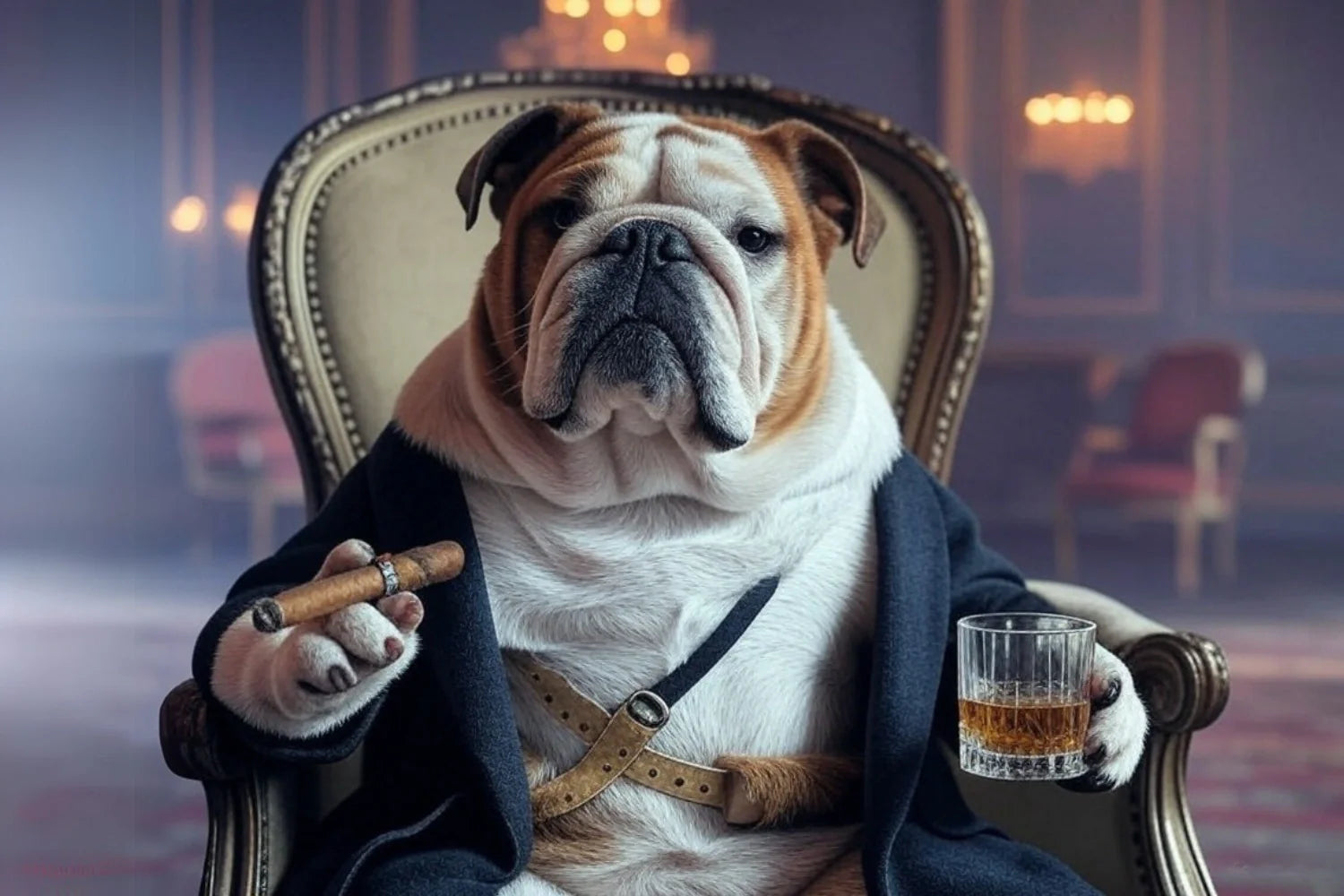 Gentleman Bulldog Poster | Wanddecoratie voor Bar of Man Cave | Muurdecoratie met Stijlvolle Engelse Bulldog in Smoking met Sigaar