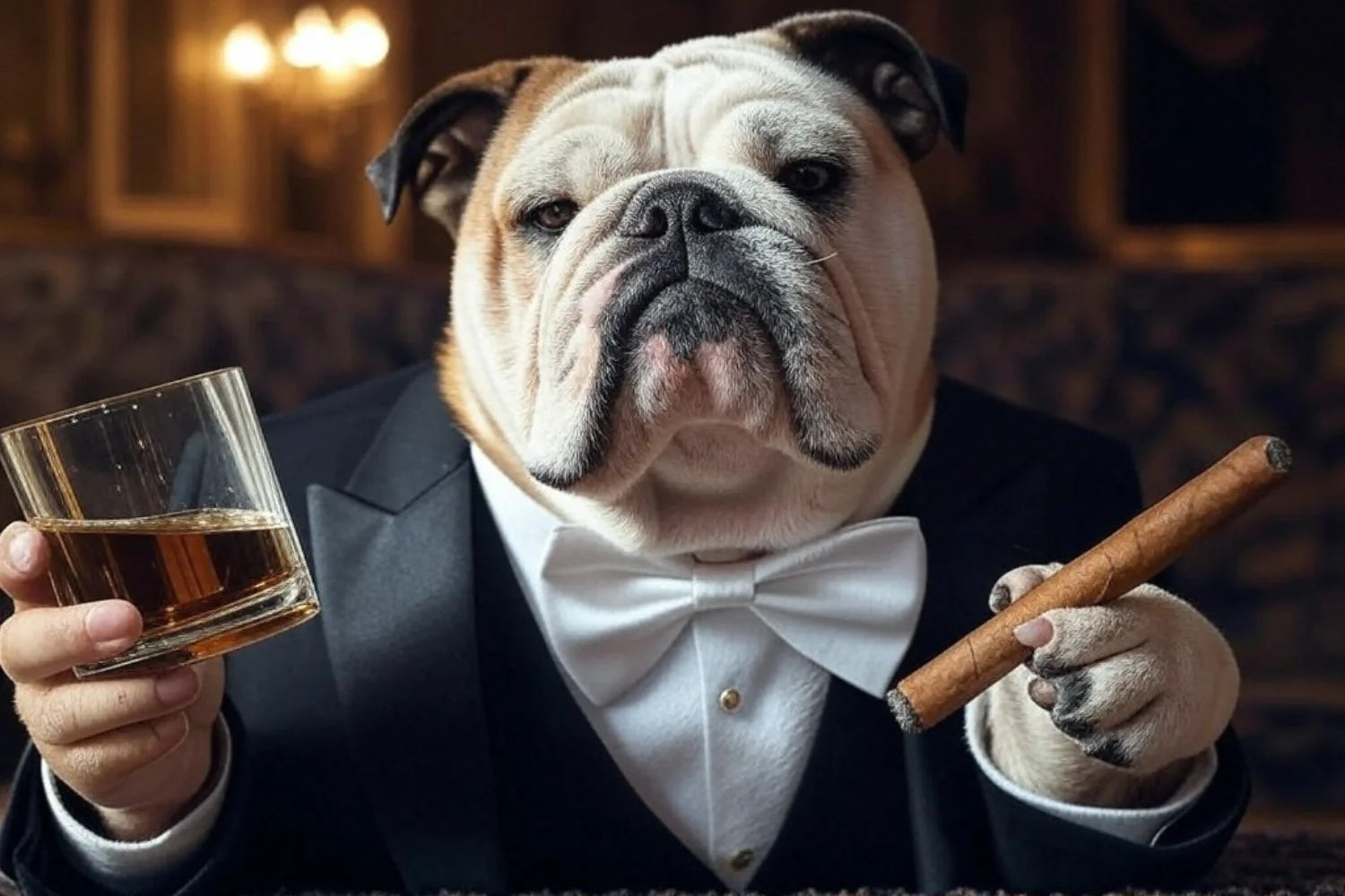 Gentleman Bulldog Poster | Stijlvolle Muurdecoratie met Cigar en Whiskey | Wanddecoratie voor Woonkamer