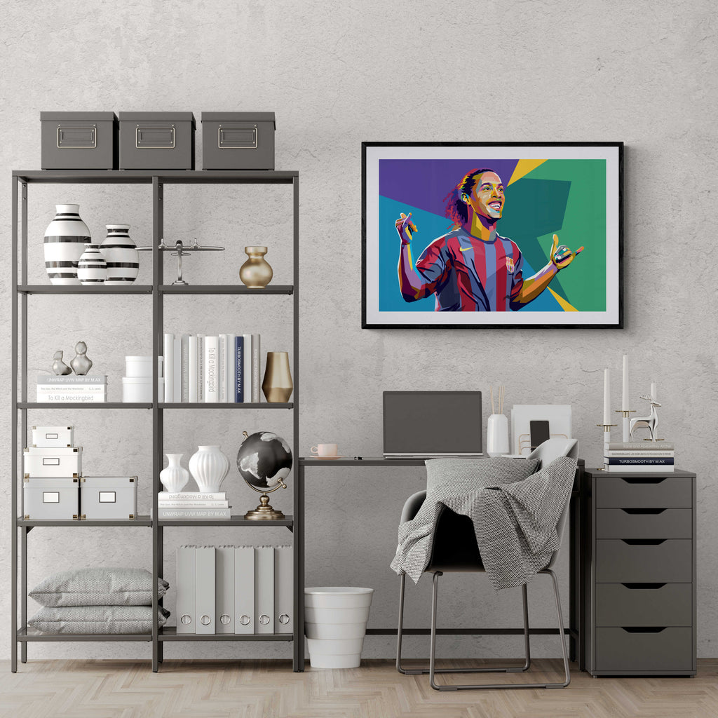 Ronaldinho Pop Art Poster | Kleurrijke Muurdecoratie Voetbal Legende | Posters Schilderijen Wanddecoratie