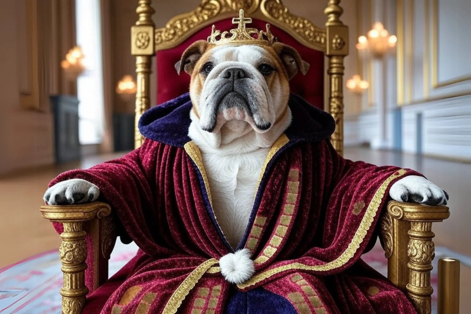 Noble Bulldog King | Koninklijke Bulldog Poster | Luxe Muurdecoratie | Wanddecoratie voor Paleisthema