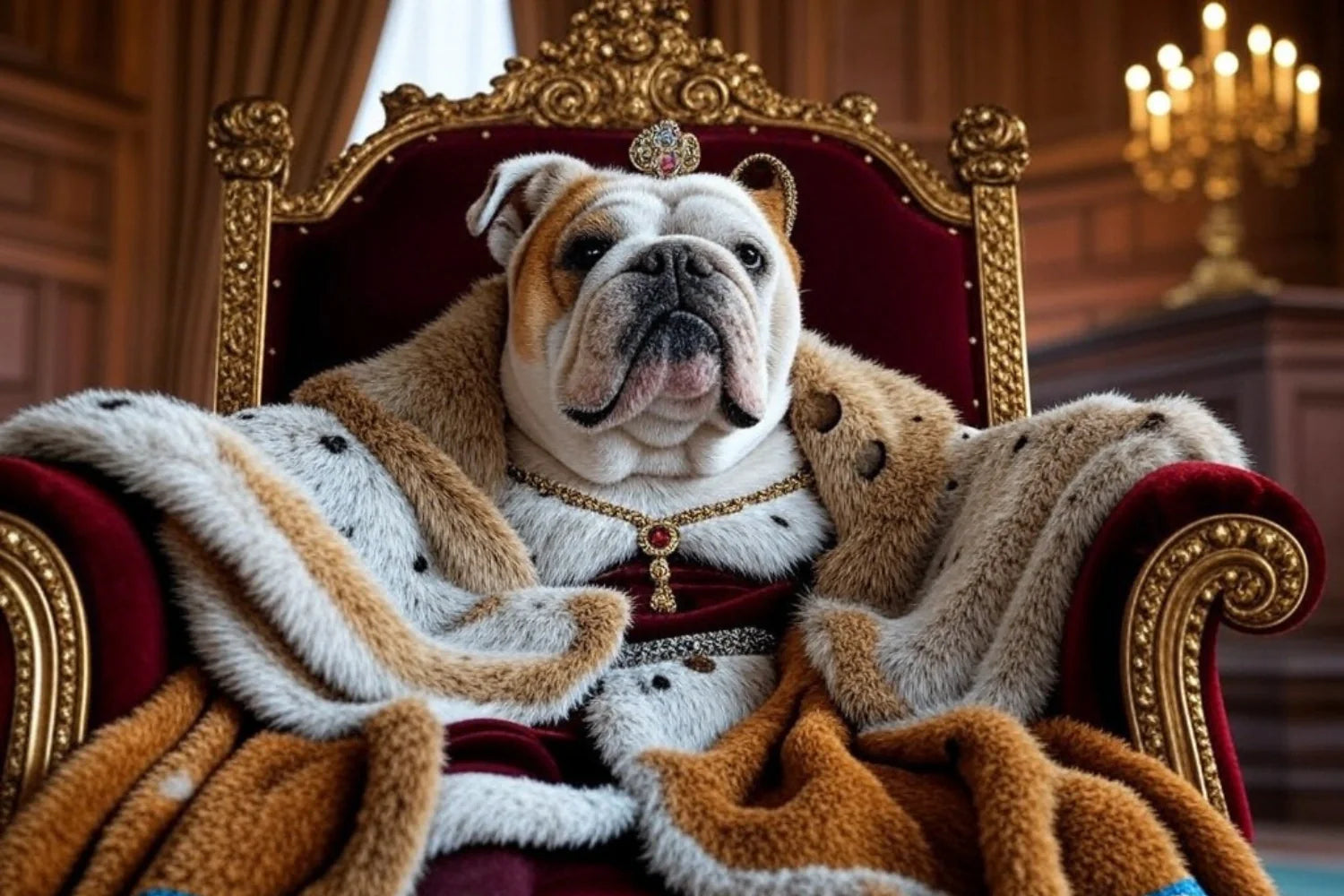 Royal Bulldog in Throne Room | Wanddecoratie Majestic English Bulldog met kroon | Muurdecoratie Poster