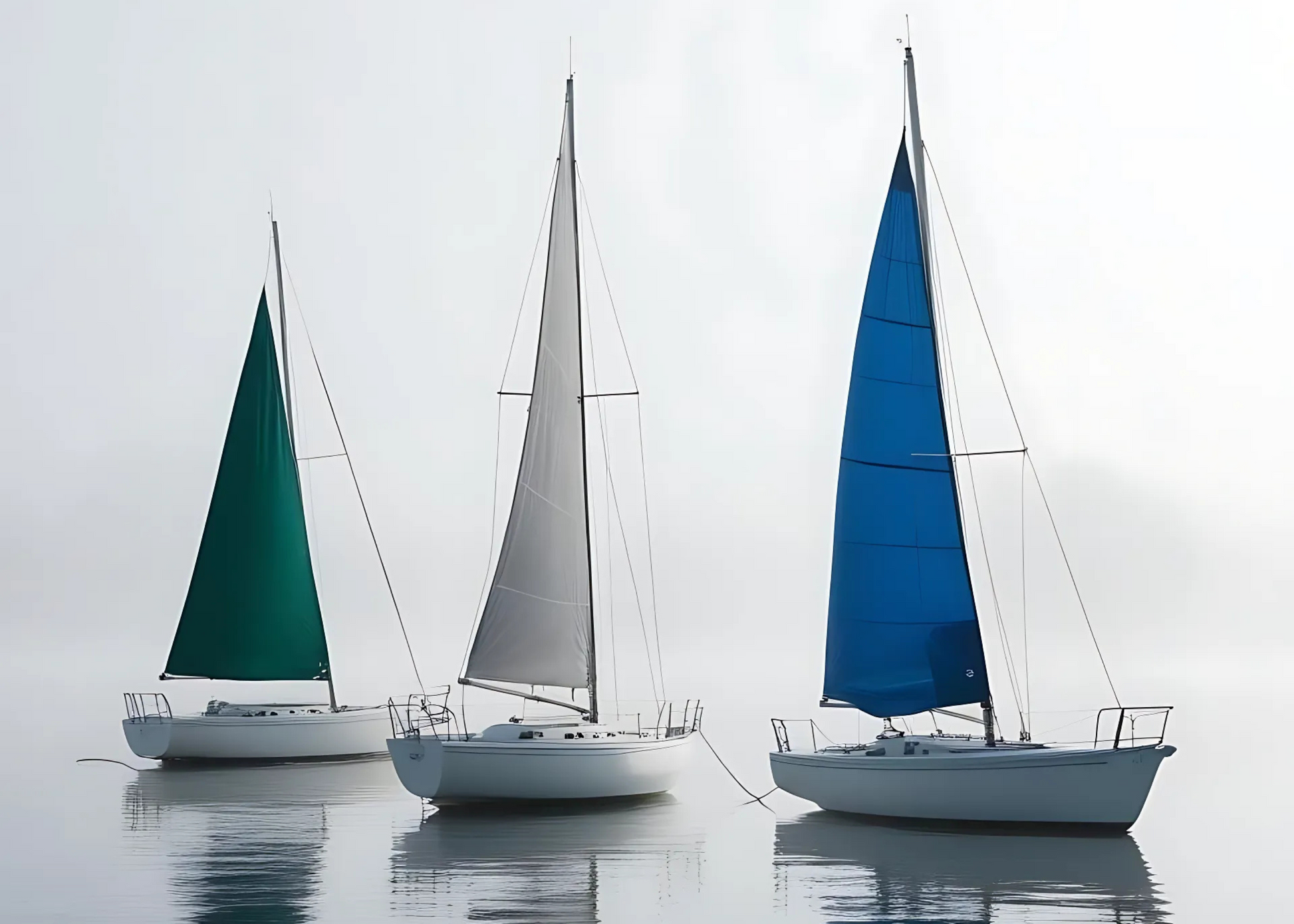 Three Sailing Boats in the Fog | Muurdecoratie | Nautical Seascape | Schilderij voor Woonkamer | Posters | Wanddecoratie | Canvas Kunst | Serene Landscape Poster | Coastal Theme