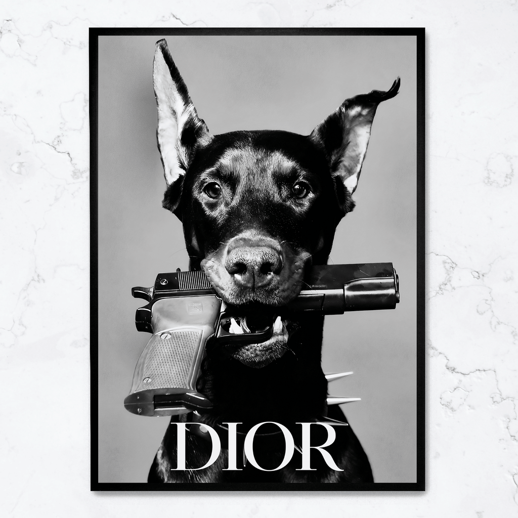 Dior Dog | Wanddecoratie Poster | Muurdecoratie voor Woonkamer & Kantoor | Stijlvolle Print Kunst | Hoogwaardige Visuele Kunst
