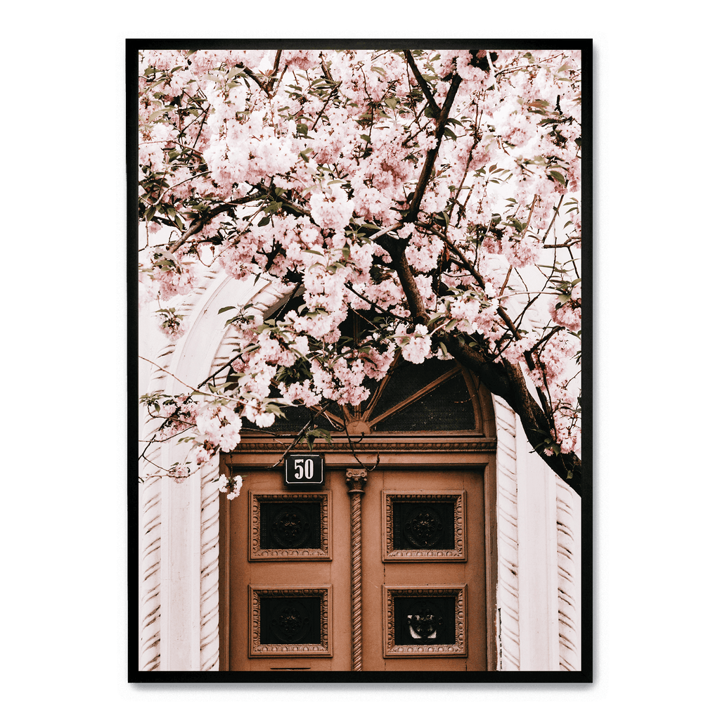 Door with Pink Flowers | Muurdecoratie | Schilderij voor huis en tuin | Bloemenprint wanddecoratie posters