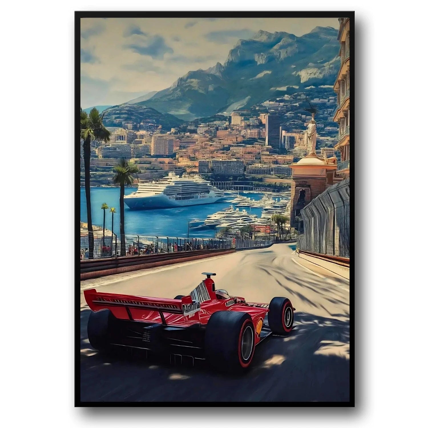 Monaco Formula 1 | Muurdecoratie | Wanddecoratie | Vintage Grand Prix Poster | Ferrari F2004 | Michael Schumacher | Monte Carlo Havenzicht