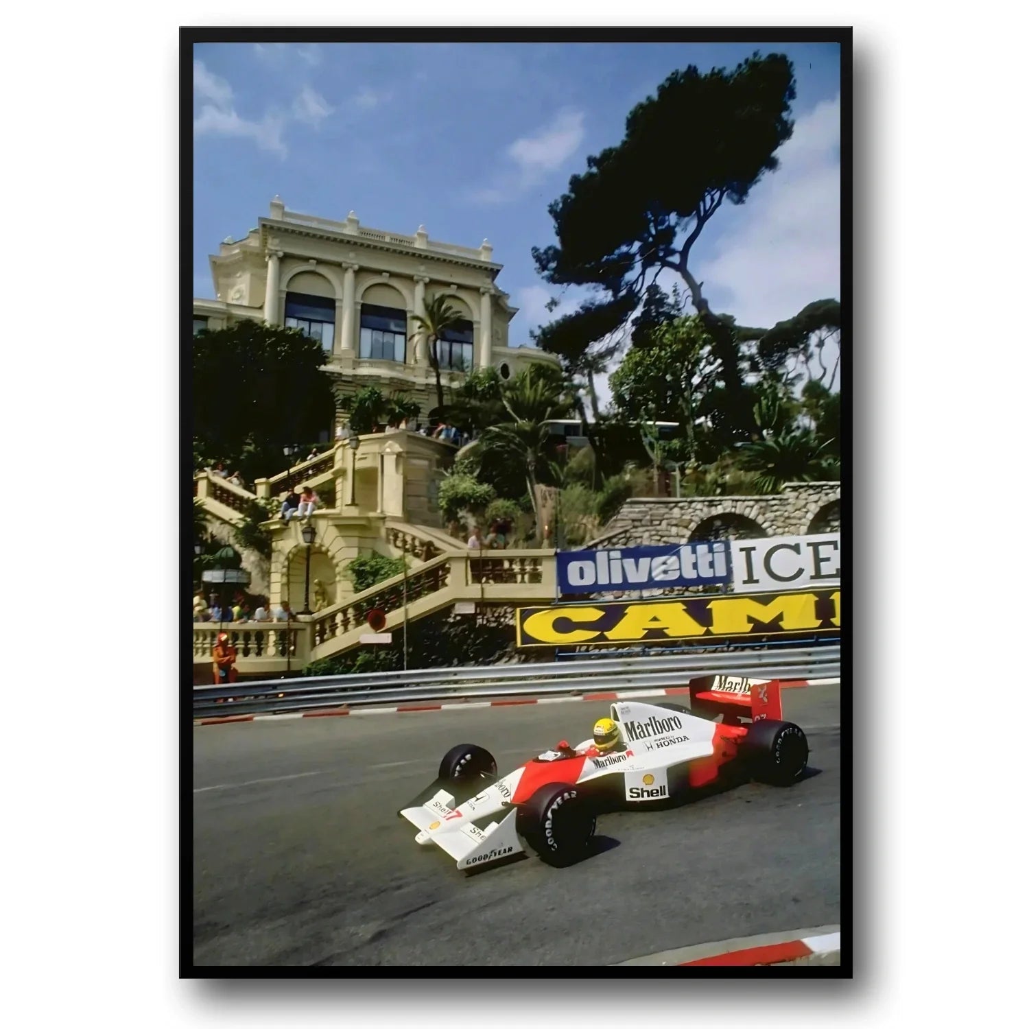 Monaco Grand Prix Poster | Ayrton Senna | McLaren MP4/5 | Monte Carlo Casino Stappen | Muurdecoratie