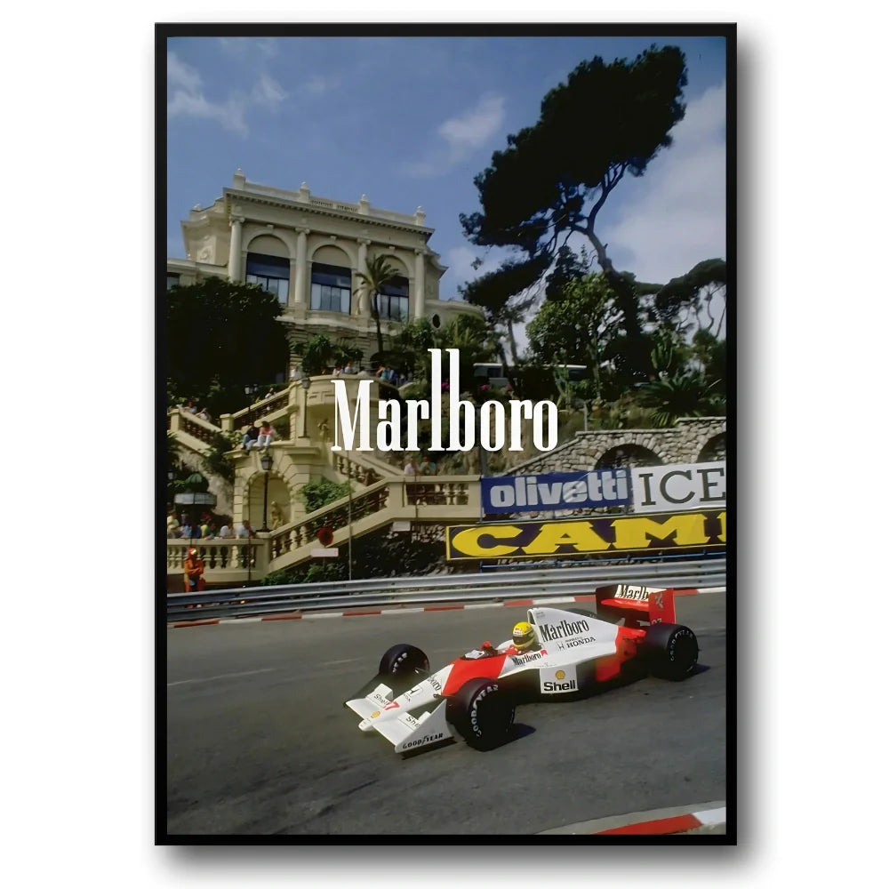 Vintage Formula 1 | Monaco Grand Prix | Posters | Wanddecoratie | Ayrton Senna | McLaren MP4/5 | Monte Carlo Casino Steps