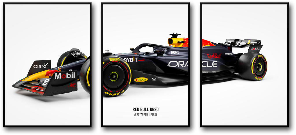 Formule 1-autoposter | 3 panelen | Red Bull Racing | Wanddecoratie | Max Verstappen | Motorsportdecoratie | F1-memorabilia | Kunstwerk