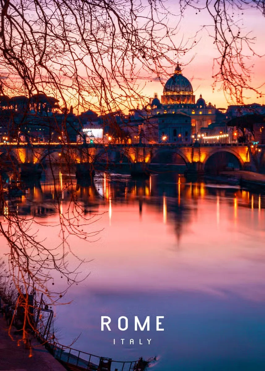 St. Peter's Basilica at Dusk Rome | Muurdecoratie | Wanddecoratie | Italië Poster | Schilderijen | Canvas Kunst | Iconische Vaticaan Zichten