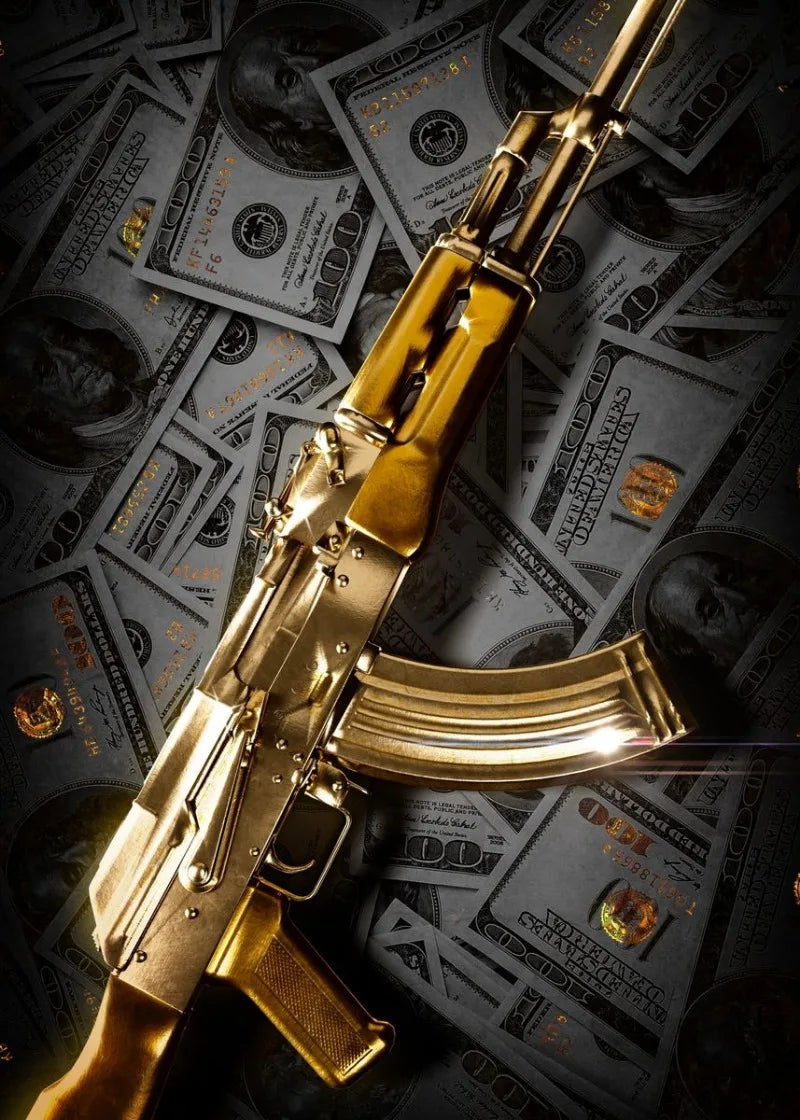 Golden AK-47 Money Muurdecoratie | Luxe en Rijkdom Kunst aan de Wand | Posters en Decoraties Voor Thuis