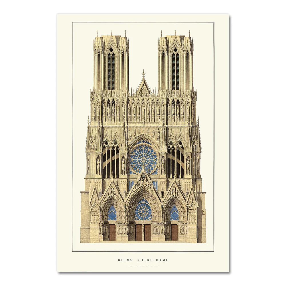 Reims Cathedral Poster | Frankrijk Muurdecoratie | Gotische Architectuur | Historisch Gebouw Kunst | Wanddecoratie