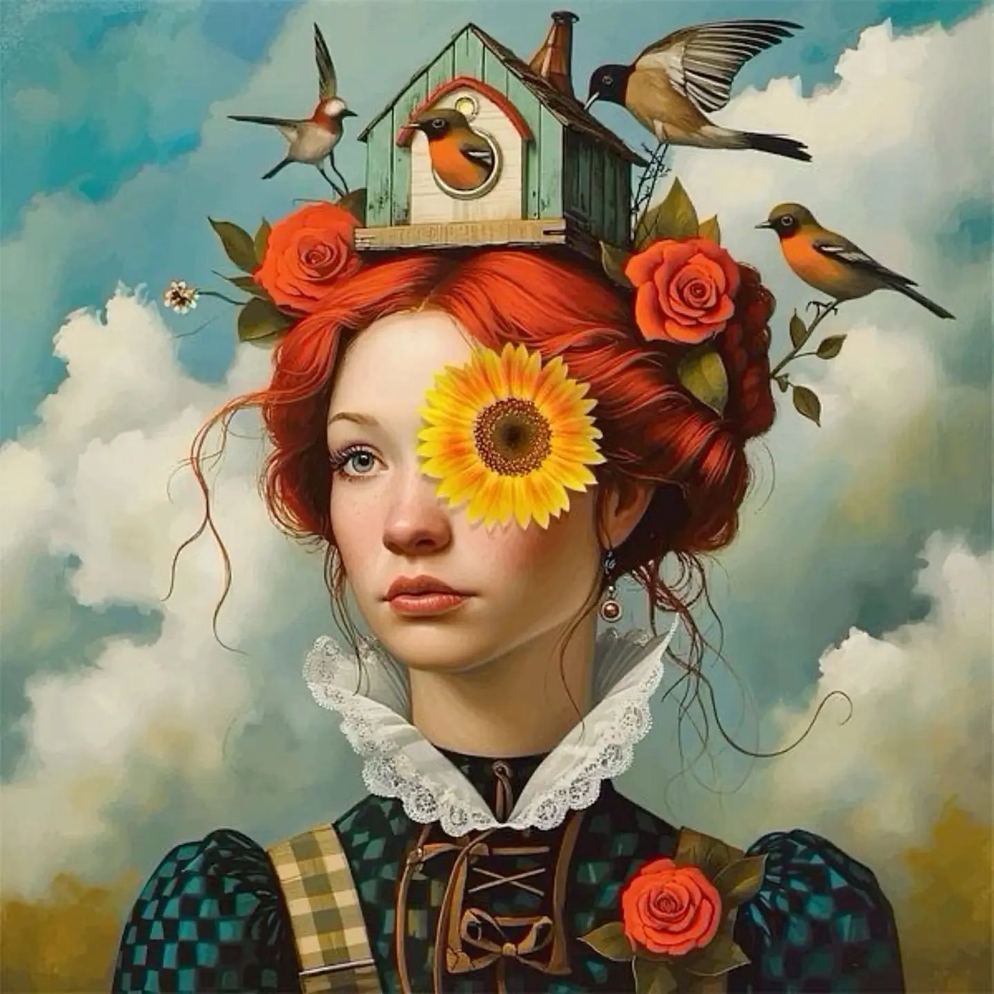 Floral Girl Poster | Schilderij met Bloemen en Vogelhuisje | Muurdecoratie voor Huis | Whimsical Wanddecoratie