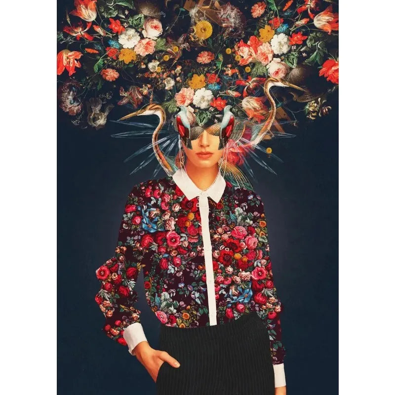 Blossoms of the Mind | Vrouw met Bloemenhoofd Poster | Vintage Bloemenuitbarsting Muurdecoratie | Tuin Kleurenexplosie Wanddecoratie