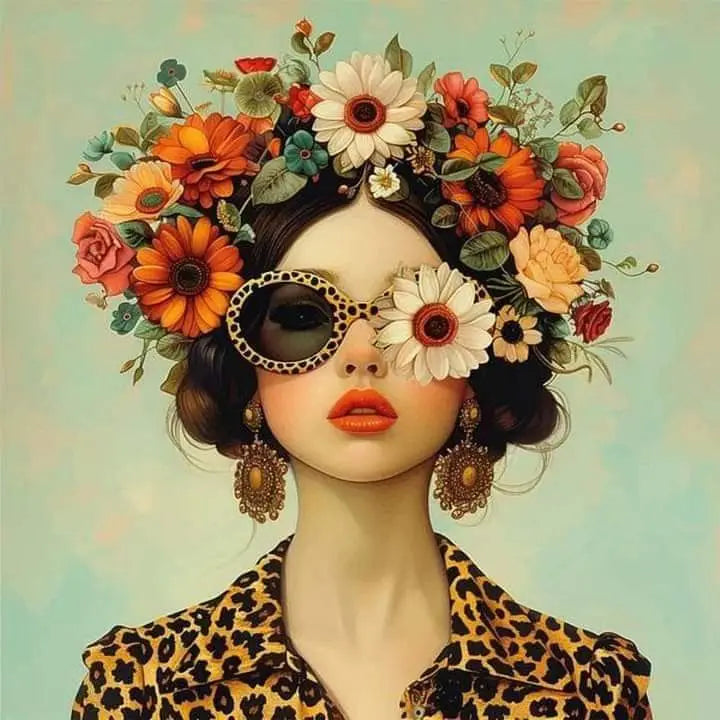 Floral Girl Poster | Chic Zonnebril en Bloemige Kroon | Levendige Bloemen Pracht | Muurdecoratie Wanddecoratie
