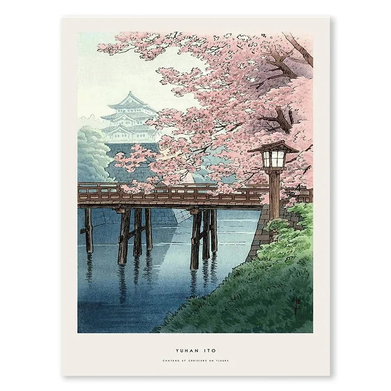 Chateau and Cherry Blossoms Poster | Japanse Ukiyo-e Kunst | Muurdecoratie | Wanddecoratie | Yuhan Ito