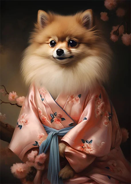 Cherry Blossom Serenity | Muurdecoratie | Pomeranian Hond in Zachtroze | Lente Bloemenkunst Wanddecoratie