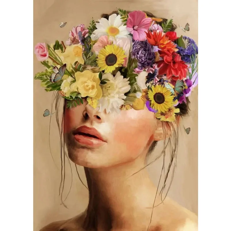 Blossoms of the Mind | Vrouw met Bloemenhoofd Poster | Muurdecoratie | Herbsttinten | Vintage Bloemenprint