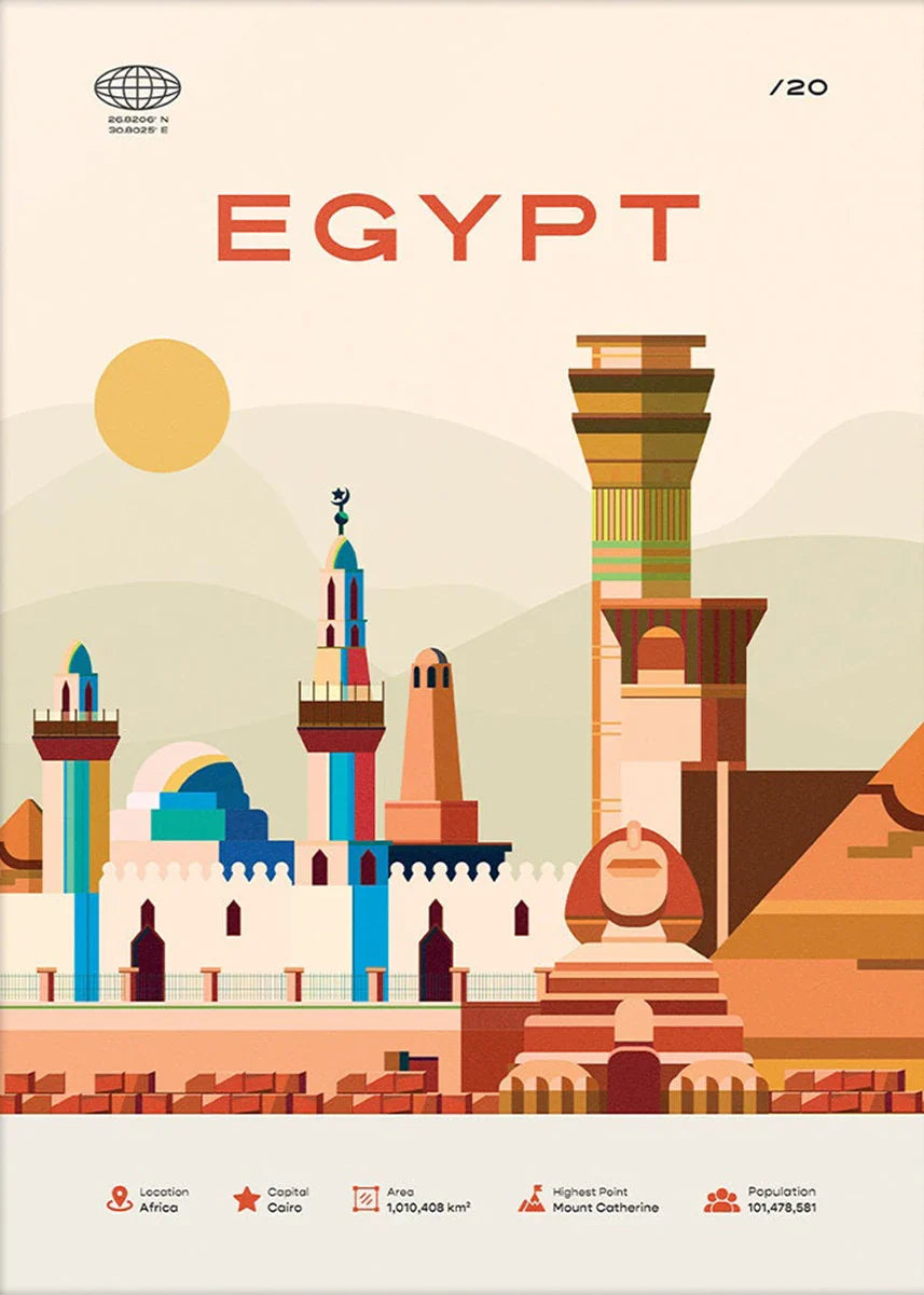 Egypt Poster | Cairo Landmarks and Pyramids Muurdecoratie | Kleurrijke Wanddecoratie | Reizen Schilderijen
