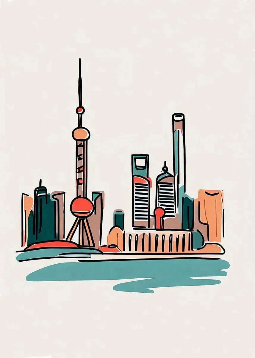 Shanghai Skyline Art Print | Moderne Muurdecoratie | Eenvoudige Stadsgezicht Illustratie | Wanddecoratie voor Hedendaagse Ruimtes