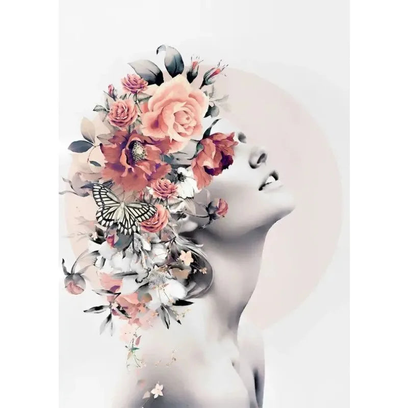 Serene Bloom | Nature's Whisper | Wanddecoratie Vintage Bloemen Vrouw | Muurdecoratie Sereen Bloemen | Posters voor Huis & Tuin | Bloesems van de Geest Decoratieve Kunst