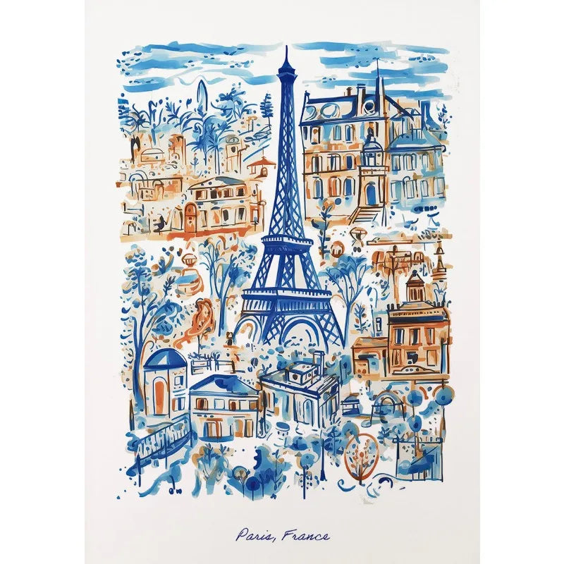 Paris, France Poster | Eiffeltoren en Stadsgezicht | Muurdecoratie Blauw en Oranje | Posters Schilderijen