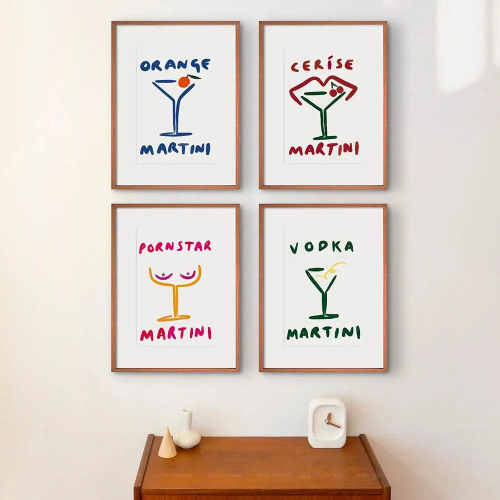 Cerise Martini Kunstwerk | Minimalistische Muurdecoratie | Moderne Posters | Abstracte Schilderijen | Hedendaagse Woondecoratie | Elegante Drink Illustratie | Wanddecoratie Bar Lounge