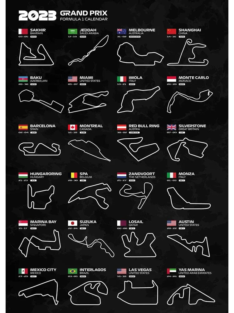 2023 Formula 1 Circuit Posters | Muurdecoratie F1 Seizoenoverzicht | Wanddecoratie Race Circuits | Posters