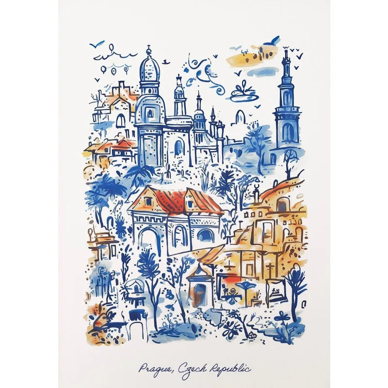 Prague Architecture Poster | Watercolor Muurdecoratie | Blauw en Oranje Wanddecoratie | Historische Illustratie | Unieke Posters voor Thuis