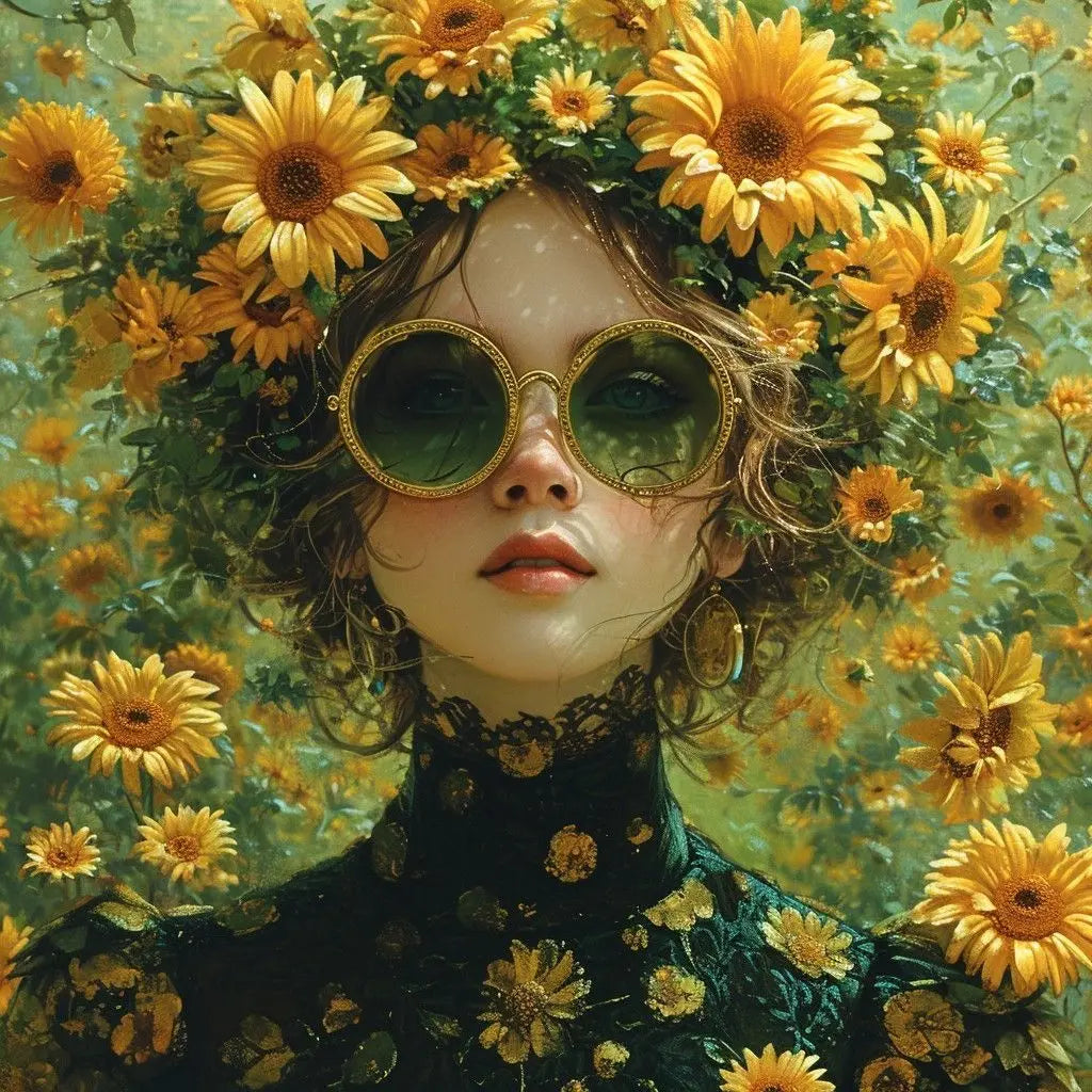 Floral Girl Poster | Wanddecoratie | Lush Sunflower Enveloped Artwork | Muurdecoratie | Schilderij