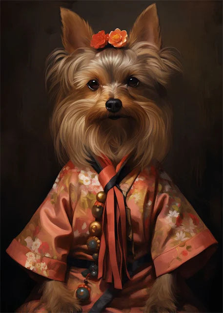 Floral Whisper Poster | Muurdecoratie bloemenpracht Yorkshire Terrier tuin | Wanddecoratie kunst