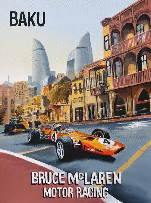 Baku Poster | Bruce McLaren Tribute Schilderij | Formule 1 Muurdecoratie | McLaren Racing Wanddecoratie