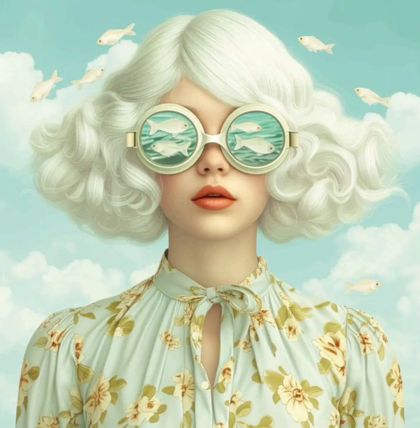Floral Girl | Botanische Muurdecoratie | Posters | Zonnebril Vrouw Omringd door Heldere Bloemen