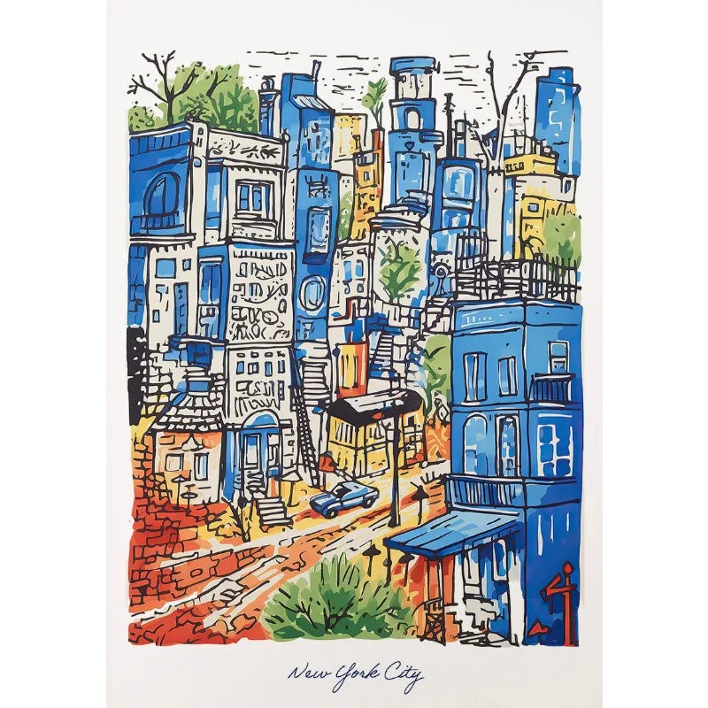 New York City Poster | Muurdecoratie Stadsgezicht | Blauwe en Oranje Waterverf | Moderne Wanddecoratie