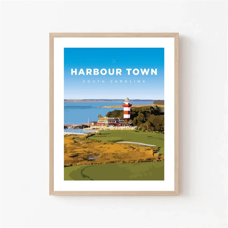 Harbour Town Golf Course Poster | Muurdecoratie Vintage Stijl | Schilderijen voor Golf Liefhebbers | Wanddecoratie voor Woonkamer | Canvas Kunst Zuid-Carolina Monument