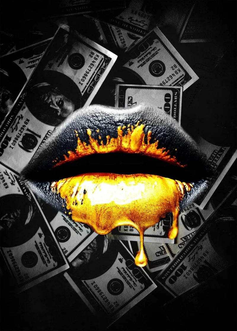Gold Lips with Money Background Glam Art | Luxe Muurdecoratie Poster | Wanddecoratie | Posters voor Thuis