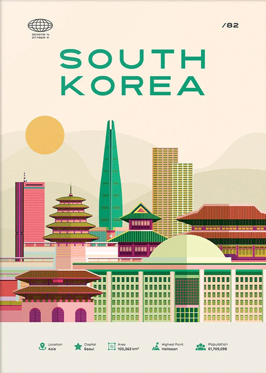 South Korea Poster | Seoul Skyline | Kleurrijke Stadsbeeld Muurdecoratie | Aziatische Reis Wanddecoratie