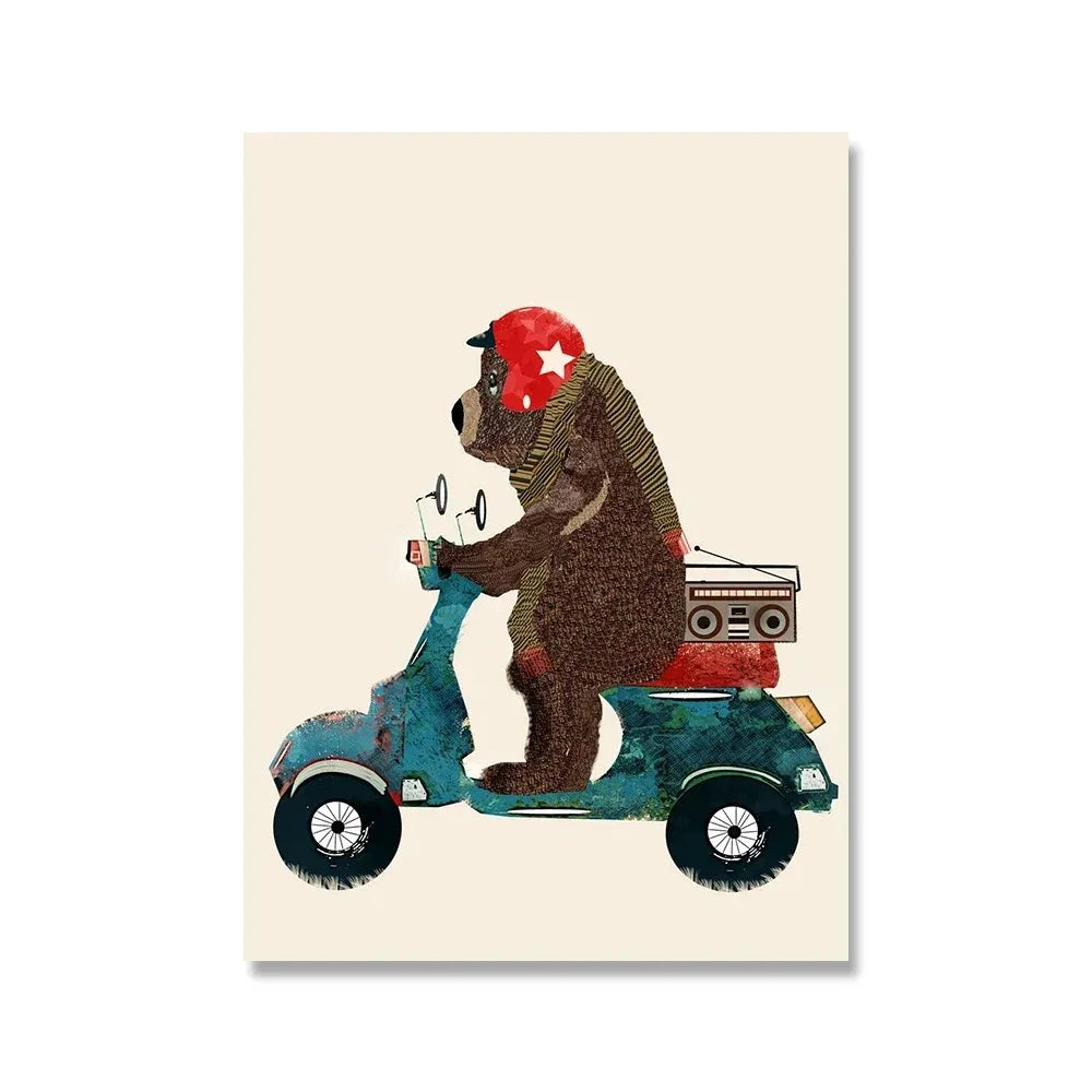 Bear's Scooter Serenade Posters | Muurdecoratie Kinderen | Speelse Wanddecoratie Dieren | Levendige Illustratie Kinderkamer Decor