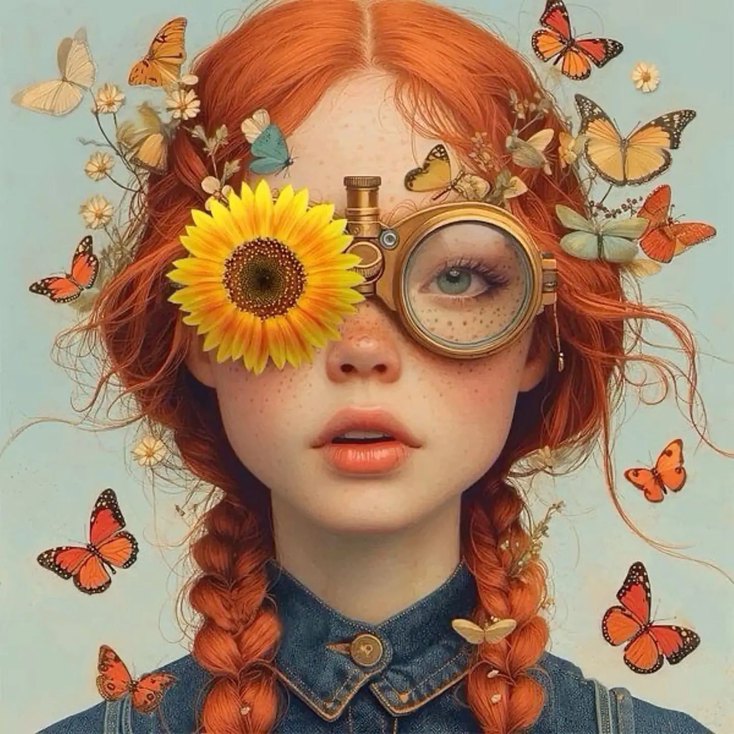 Butterfly Gaze Muurdecoratie | Sunflower Adorned Young Girl | Steampunk Lens Effect | Wanddecoratie