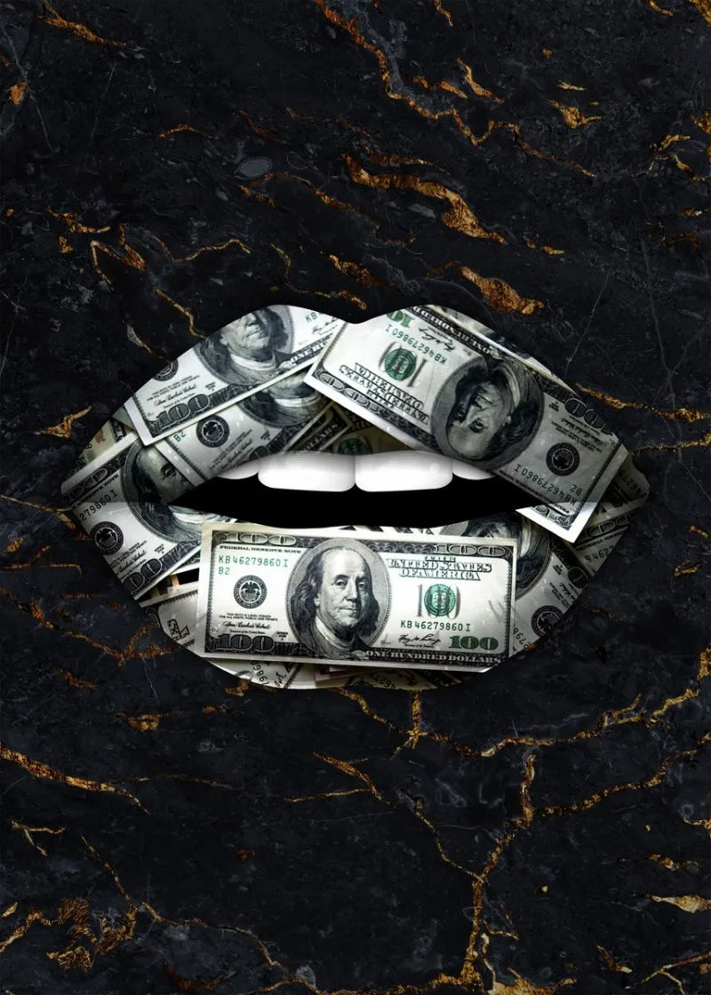 Money Lips Muurdecoratie | Dollar Bill Wanddecoratie | Lippen Schilderij | Huisdecor | Posters Kunst