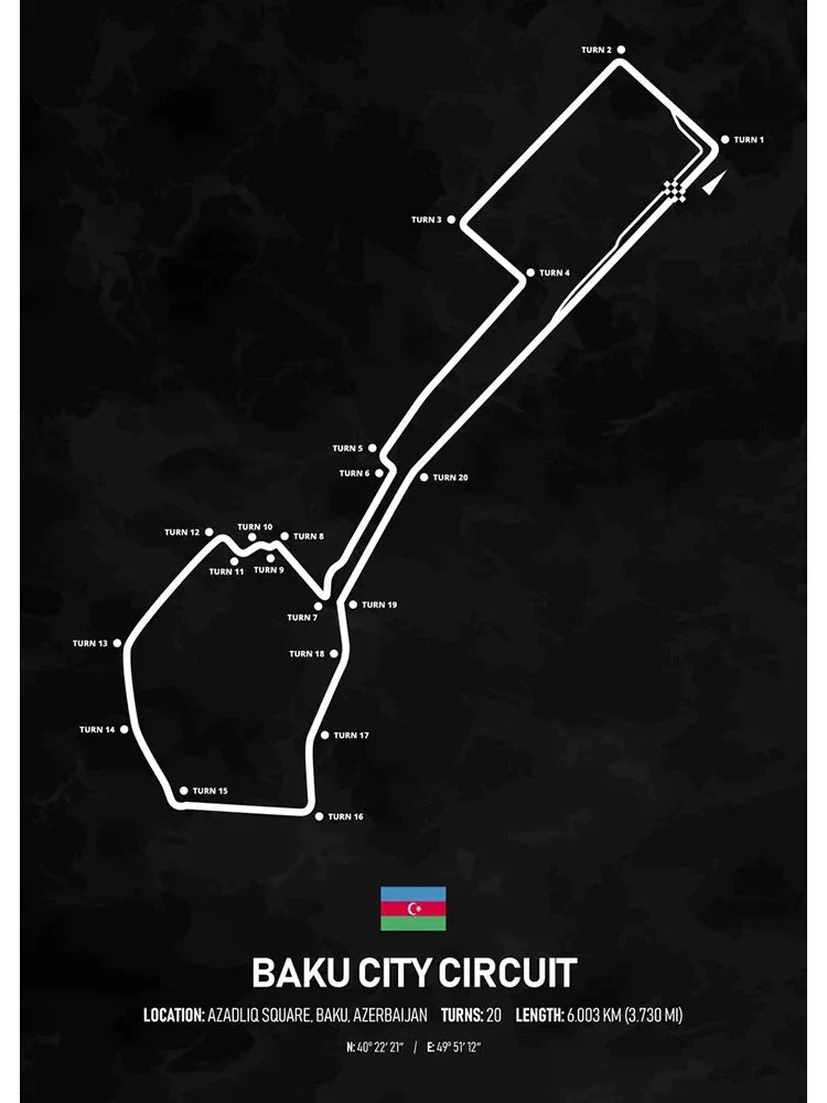 Baku City Circuit Poster | Formula 1 Wanddecoratie | Unieke Muurdecoratie Azerbaijan | Street Circuit Kunst | Baku Grand Prix Kunstwerk