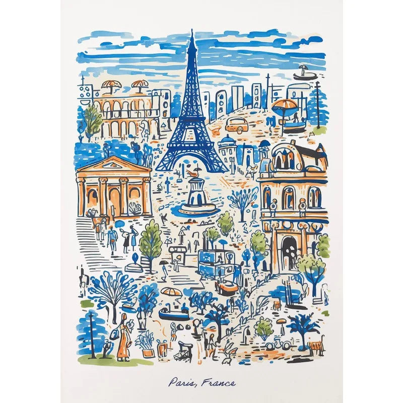 Paris Urban Art Poster | Muurdecoratie | Eiffel Tower and Streetscape | Wanddecoratie | Posters | Stad Illustratie